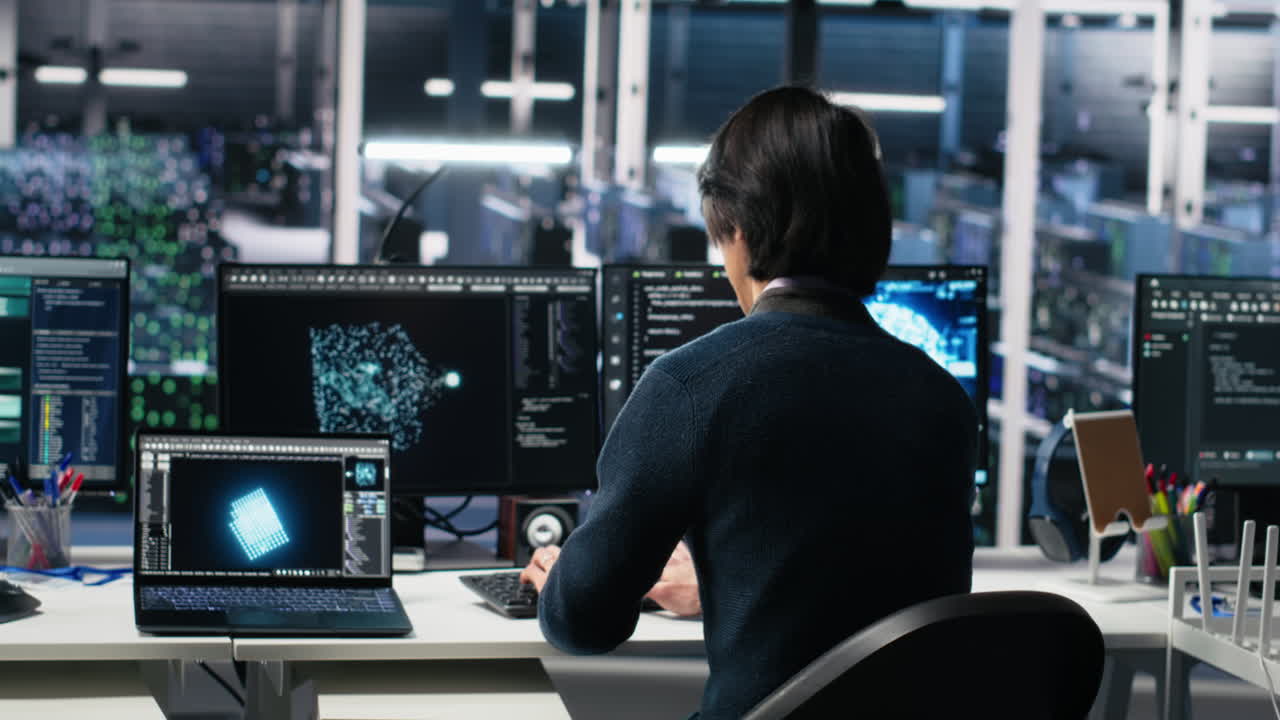 Programmer Entering Server Room Office, Using Ai To Review Infrastructure Diagnostics