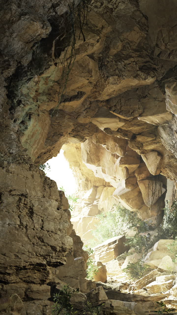 Esplorazione di una grotta rocciosa con la luce del sole che filtra in un ambiente naturale.