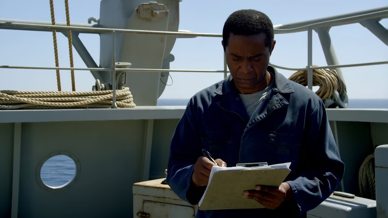 Man writes on a clipboard on a ship's deck