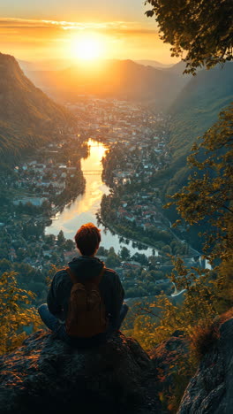 scenic sunset view over a valley with a river and mountains