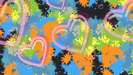 Animation-of-hearts-and-multiple-colorful-stains-over-black-background