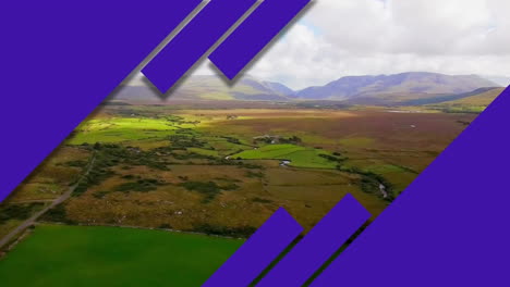 animation of purple diagonal stripes revealing landscape and sky