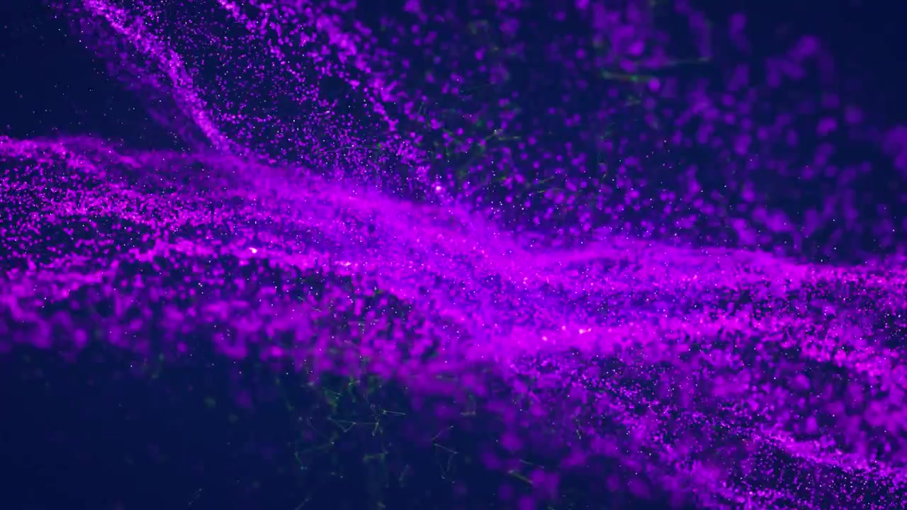 Animatie van 3D neonpaarse abstracte deeltjesgolven die bewegen op een computergrafische achtergrond.