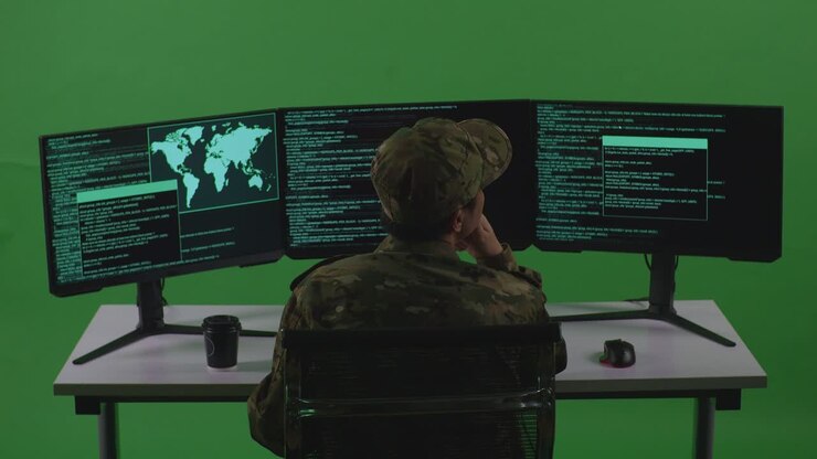 Vista posteriore di un uomo asiatico, soldato sviluppatore, che pensa a qualcosa e poi alza l'indice mentre scrive codice con schermi multipli in uno studio green screen