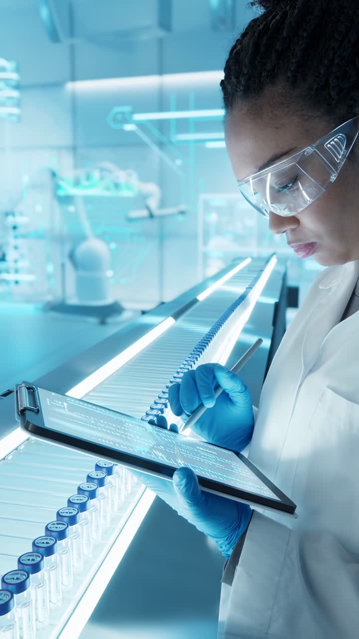 Plano alto de um cientista em um laboratório futurista, analisando dados em um tablet, que lembra um filme de ficção científica