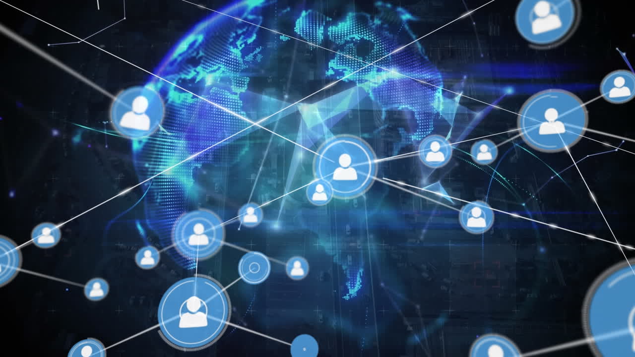 Animation of network of profile icons and globe of plexus networks against aerial view of cityscape