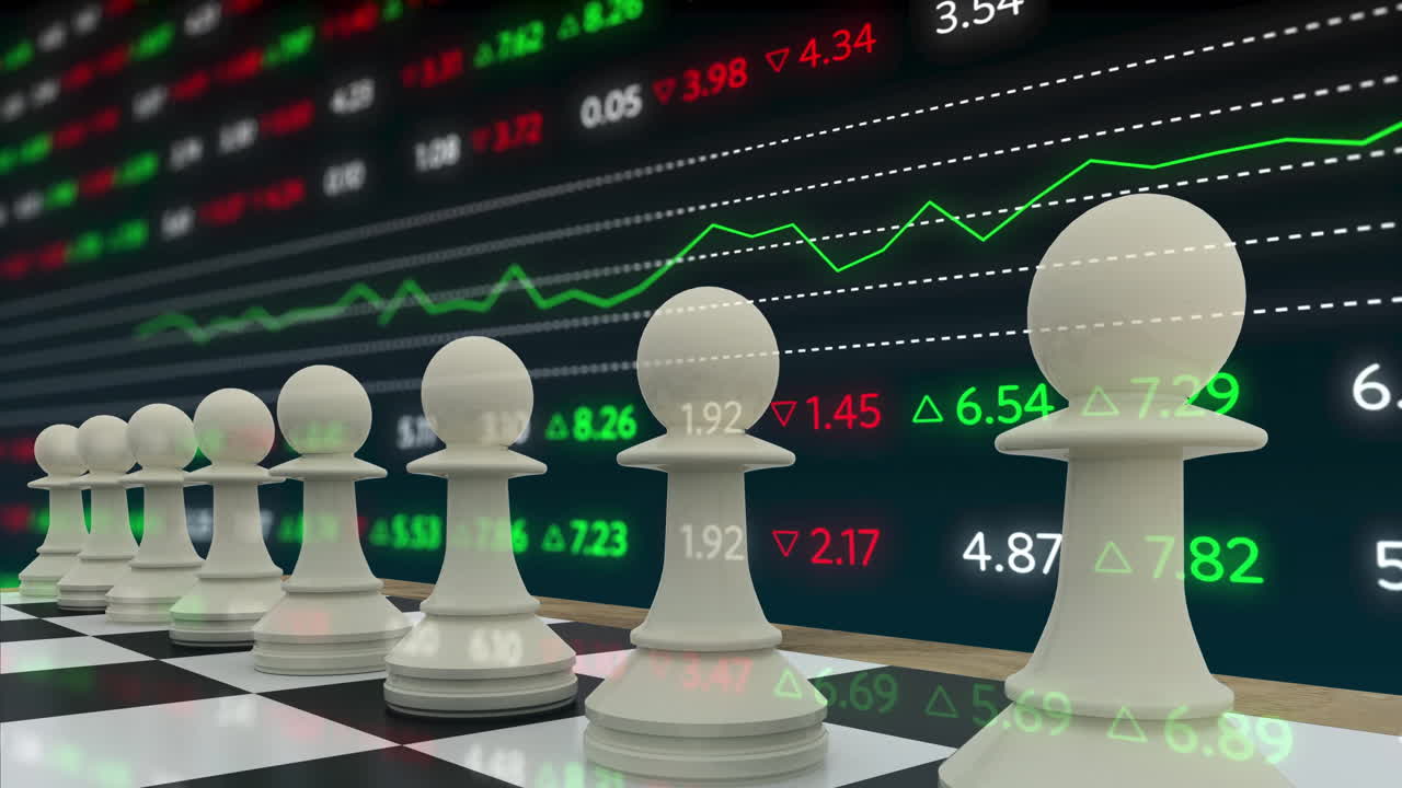 검은 바탕에 데이터 처리를 통해 색 체스 조각의 애니메이션