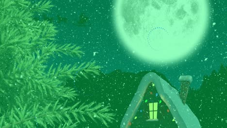 Animation-Von-Weihnachtsschnee,-Der-über-Den-Weihnachtsmann-Im-Schlitten-Mit-Rentieren-Auf-Grünem-Hintergrund-Fällt