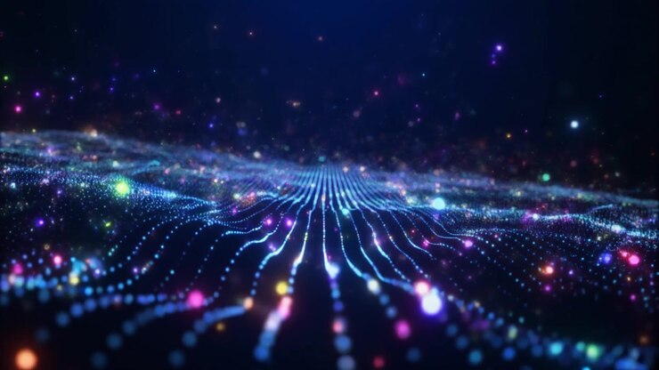 Onda digitale astratta di particelle luminose e linee di dati