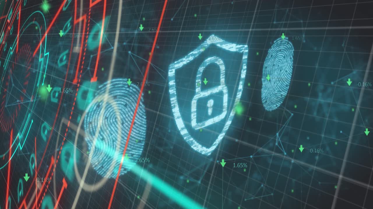 animación de escaneo de alcance con candado de seguridad en línea y huellas dactilares biométricas sobre la cuadrícula