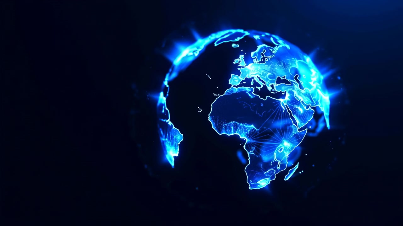 Luminous Earth graphic turns gradually from Africa and Europe toward Atlantic and Americas, with cyan contours, bright connection lines, soft light bursts, and deep navy negative space.