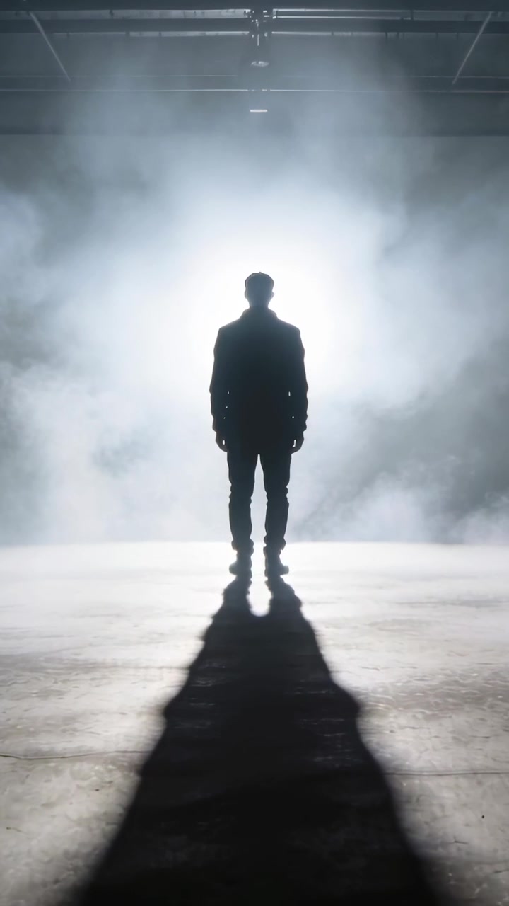 Video verticale: Uomo in piedi di fronte a una retroilluminazione in un hangar, la luce si muove e rivela una nebbia artificiale.