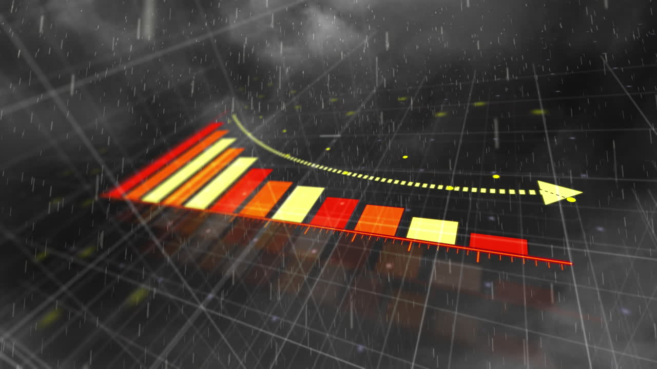 Animation of rain falling over statistical data processing over grid network against grey background