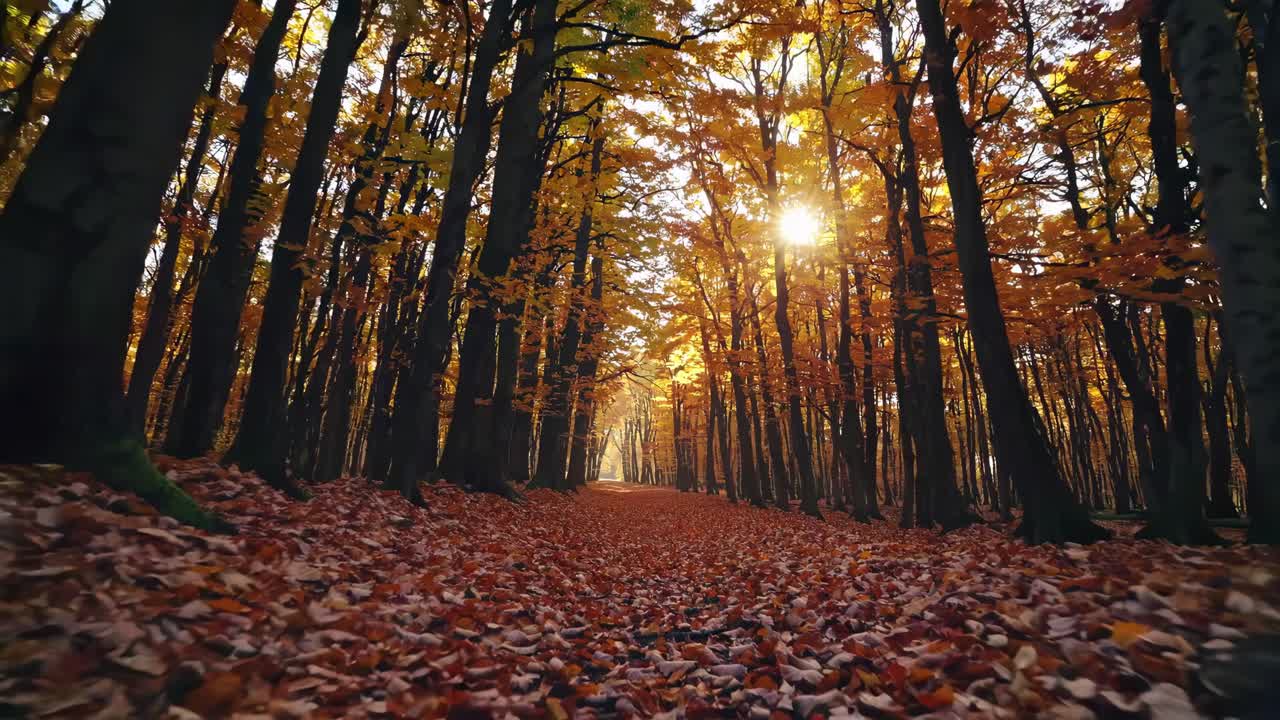 A serene autumn forest video captured from a low-angle, showcasing sunlit trees and a carpet