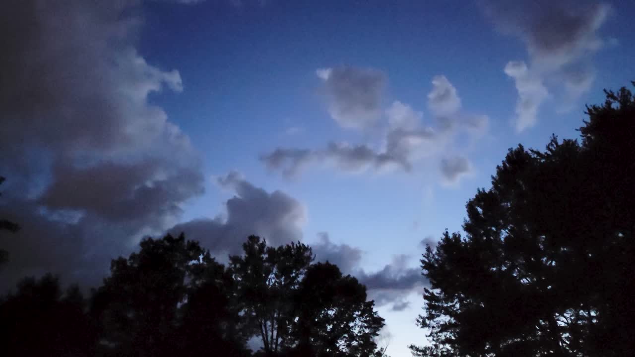 어두운 구름과 나무의 실루으로 가득 찬 극적인 황혼하늘은 낮에서 밤으로의 조용한 전환을 포착합니다.