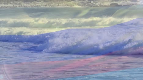 digital composition of waving russia flag against aerial view of waves in the sea