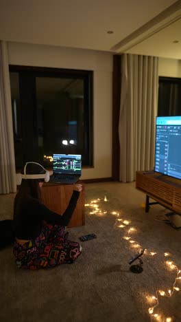 woman using vr headset and laptop in a living room at night