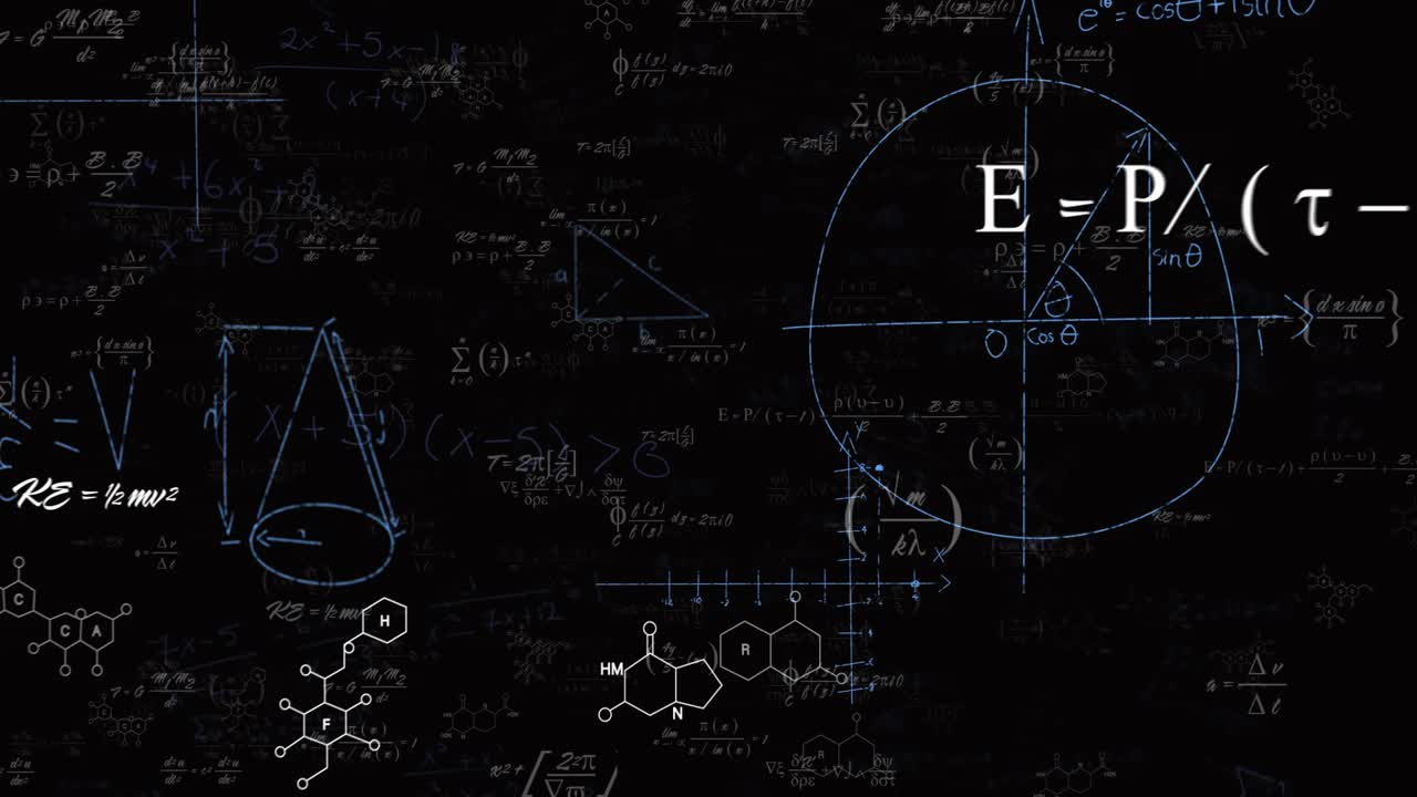 Digital canvas presenting white-blue formulas highlighting circle graph and equation in flat design