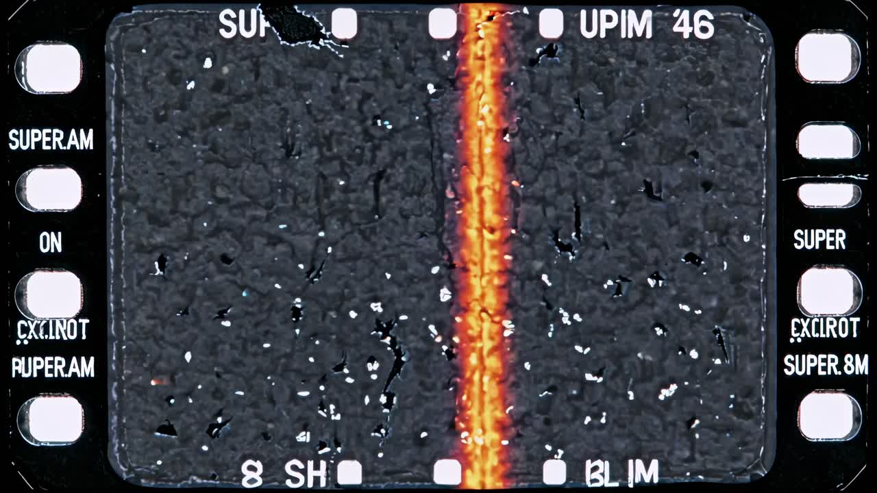 Close-up of vintage film strip with a vertical orange line, resembling a retro video effect