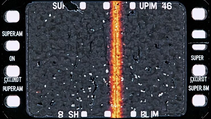 Close-up of vintage film strip with a vertical orange line, resembling a retro video effect