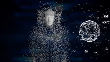 animation of human model made of grey particles and globe spinning on blue background