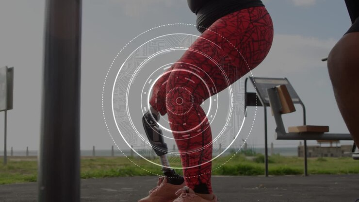 Animation of scope scanning over woman with artificial limb exercising by seaside