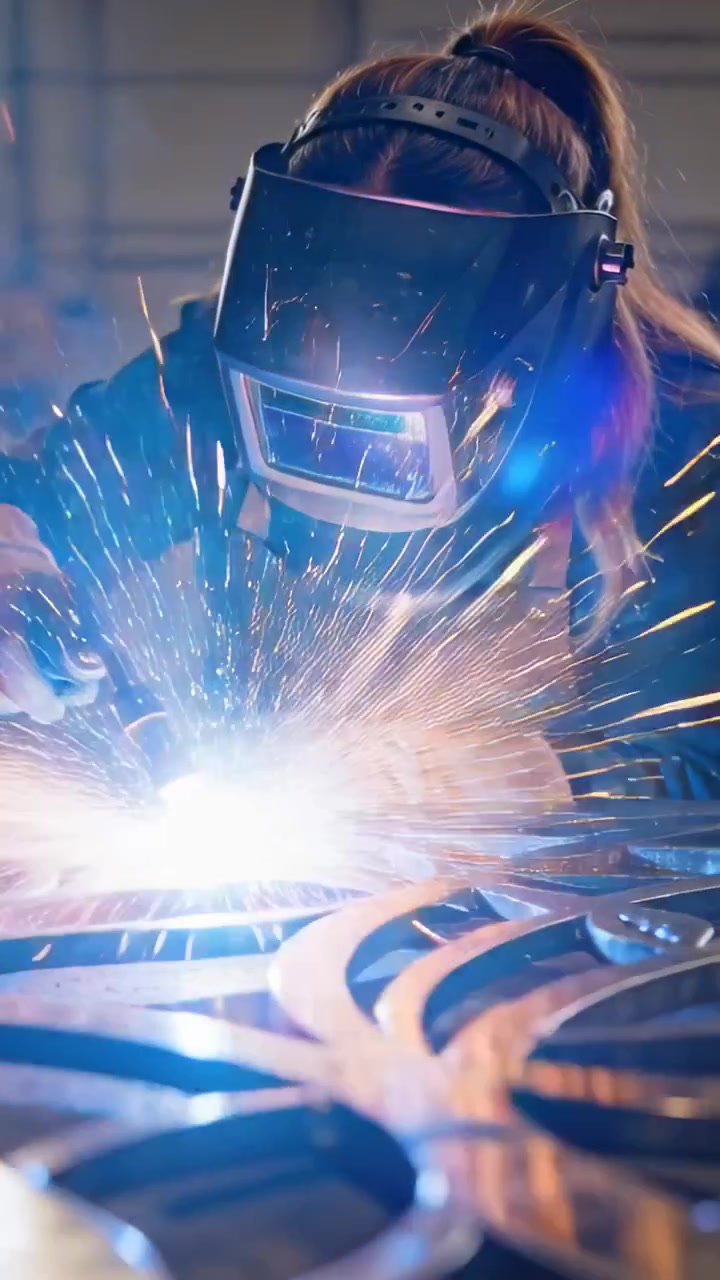 Vertical video: Bringing lit torch, welder forming seam on metal panel at bench with helmet gloves