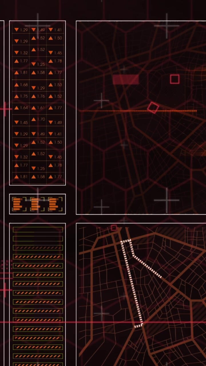 Animation of graphs, loading bars and circles, lines and navigation pattern over black background
