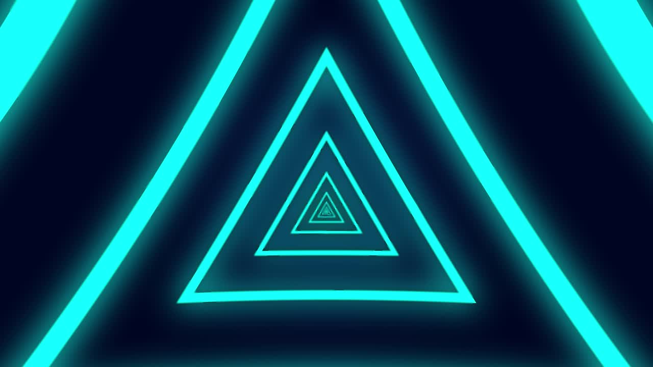 fondo gráfico de movimiento abstracto bucle sin fin con animación de triángulo en la luz de neón del túnel futurista.