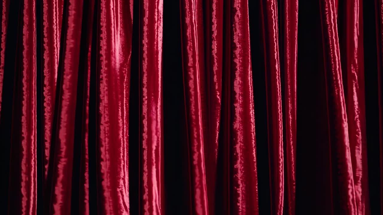 Red velvet curtain gently waving, revealing luxurious theatrical texture with soft, fluid motion highlighting rich fabric's elegant draping and sophisticated visual atmosphere