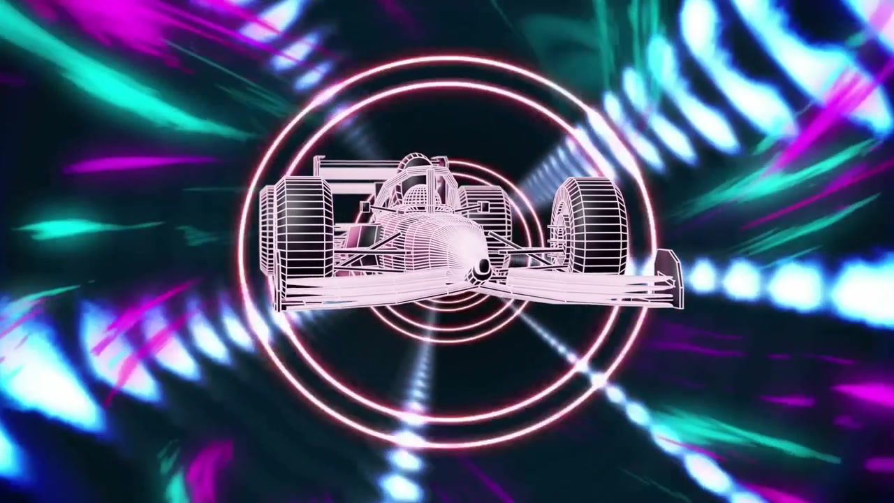 Espiral pulsante impulsando un coche de estructura alámbrica hacia adelante, con anillos de neón expandiéndose y estelas precipitándose, mostrando movimiento.