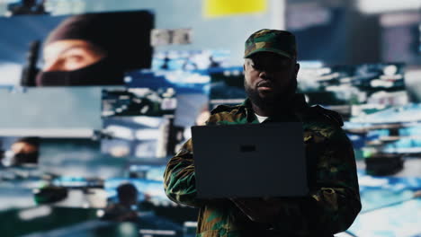 officer monitoring real time combat data using advanced military systems