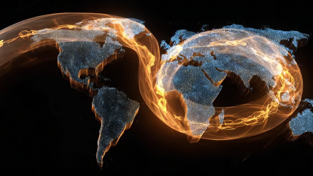 Abstract world map with continents made of glowing particles and bright orange energy streams connecting different regions, symbolizing global data transfer, communication, and connectivity