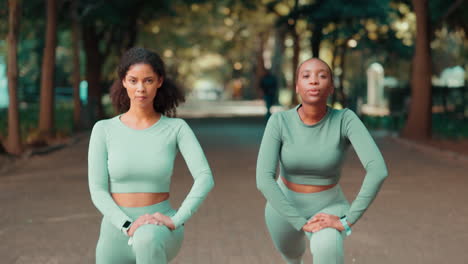 runner woman, friends and stretching in park