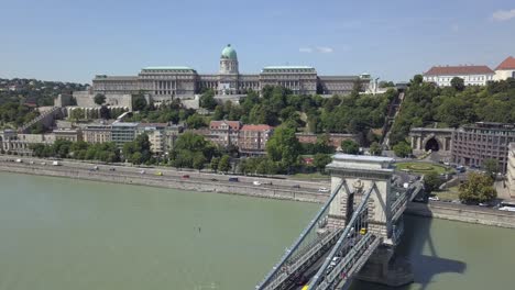 narrow aerial drone view of baroque budapest castle and chain bridge