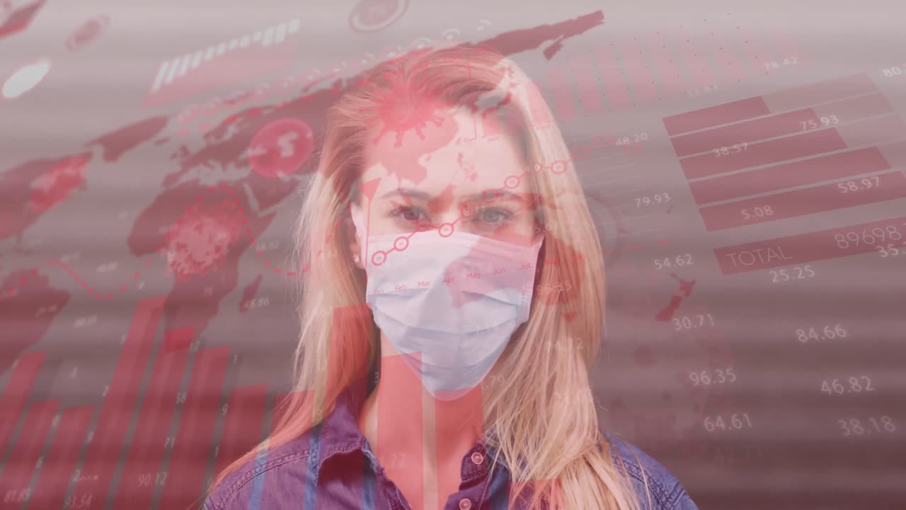 マスクを着用した白人女性に重なる世界地図と統計データの動画