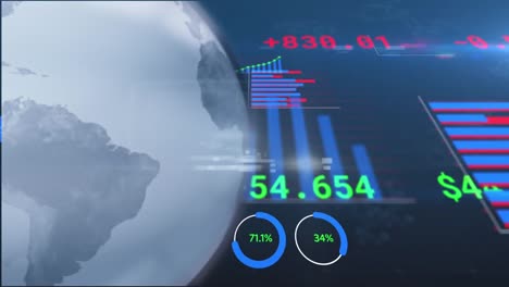 Animation-Der-Statistischen-Und-Börsendatenverarbeitung-über-Einem-Sich-Drehenden-Globus-Auf-Blauem-Hintergrund