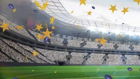 animation of stars over rugby balls falling with france text at stadium