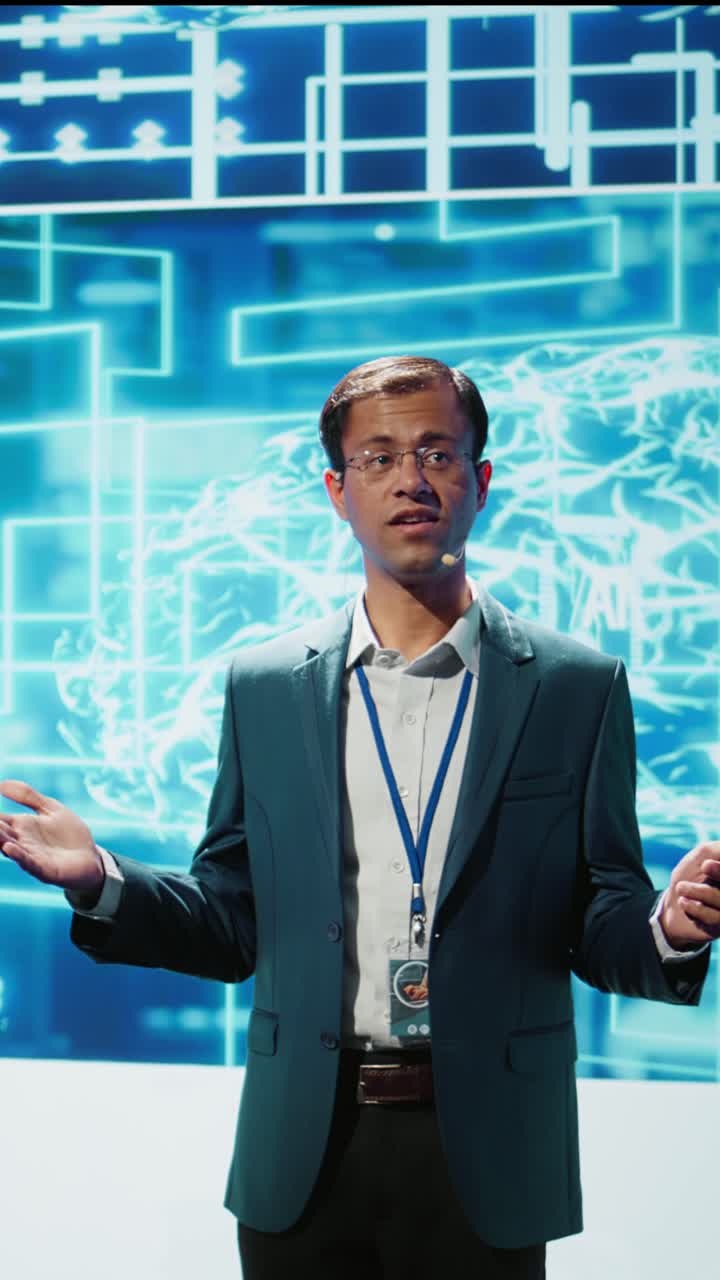 Vertical video Portrait of upbeat employee working with AI machine learning algorithms