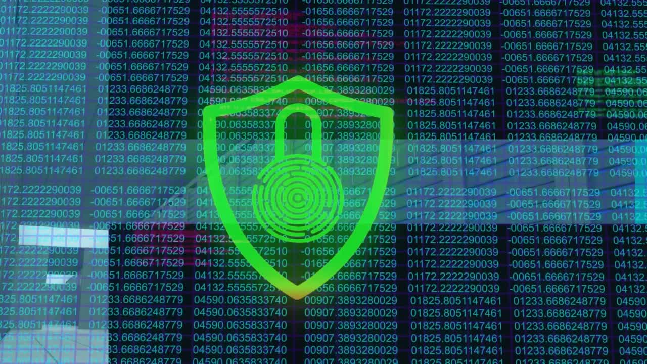Animation of security padlock icon over binary coding data processing against blue background