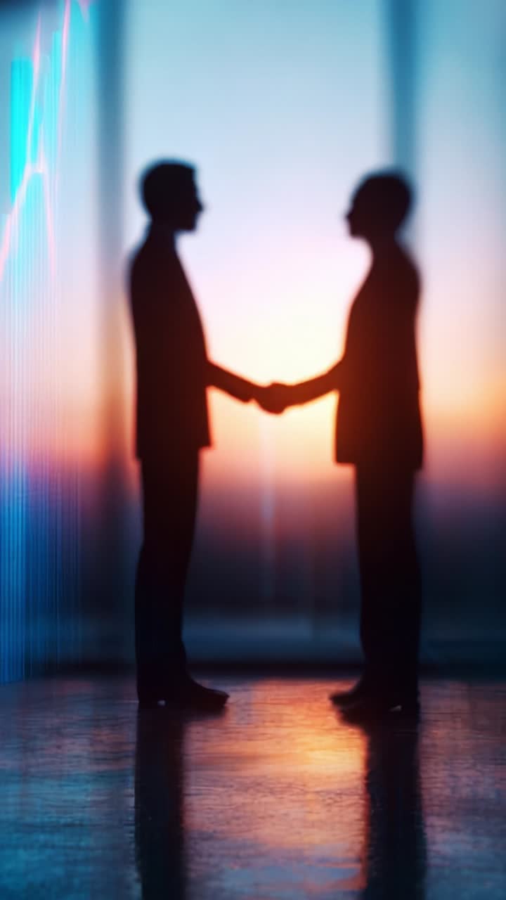 Due silhouette che si stringono la mano sullo sfondo di un tramonto dai colori vivaci, a simboleggiare collaborazione, partnership e nuovi inizi in un contesto aziendale