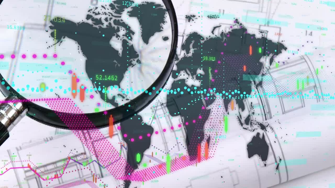 Animation of world map and magnifying glass over financial data processing