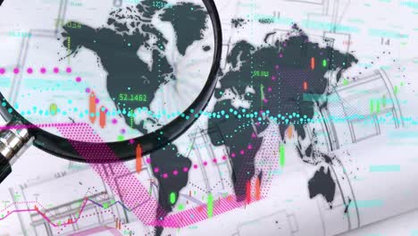 animation of world map and magnifying glass over financial data processing