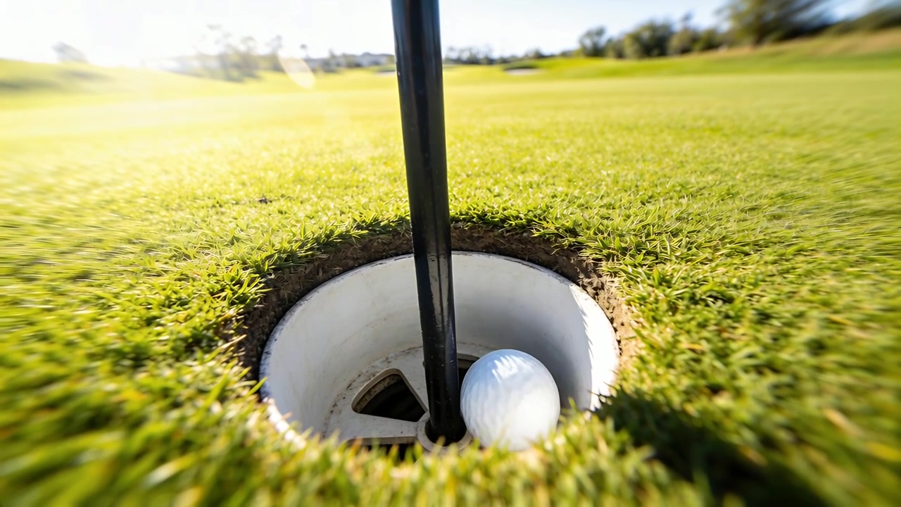 Palla da golf bianca che rotola dopo il putt precedente, affondando nella buca sul putting green, con l'asta della bandiera.
