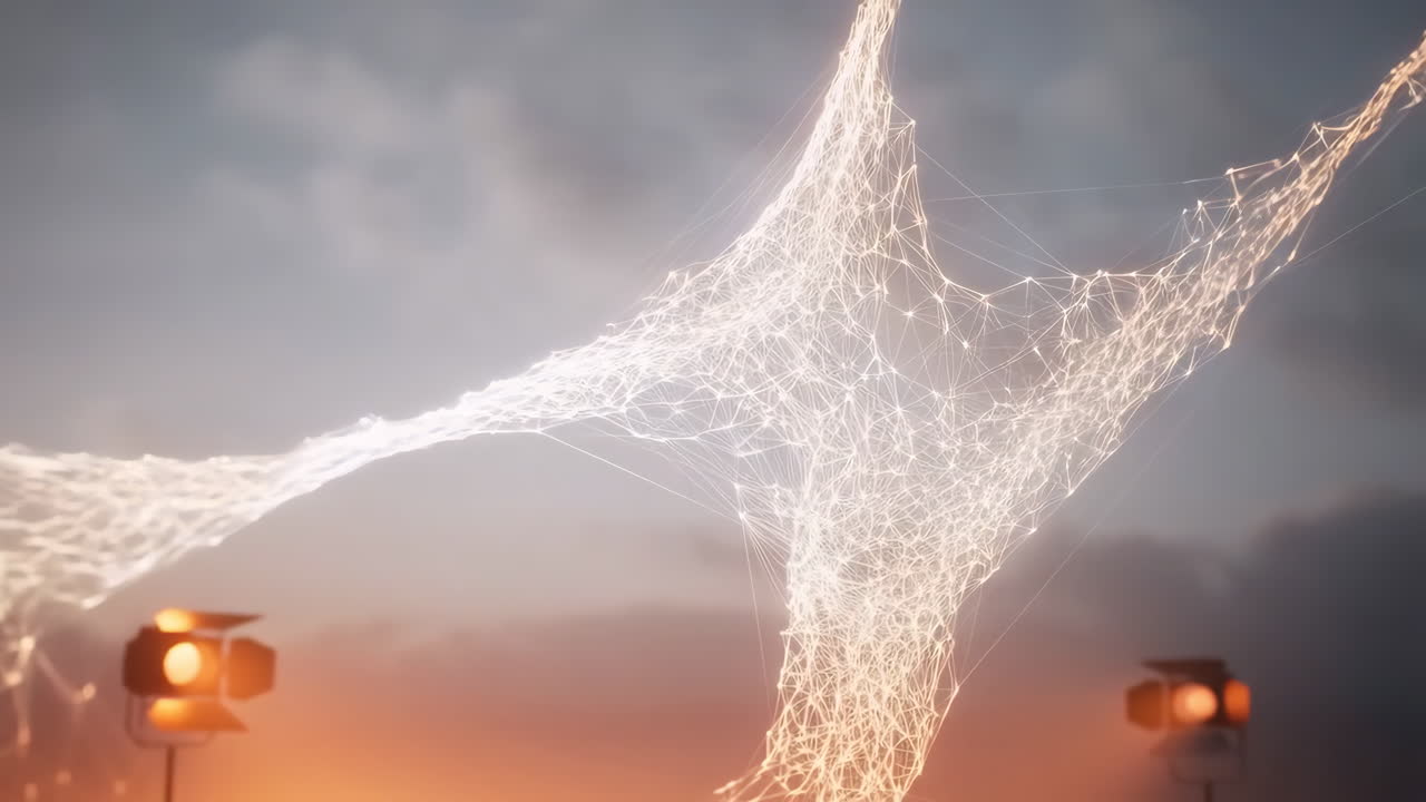 Abstract Glowing Network with Spotlights against a Sky Background