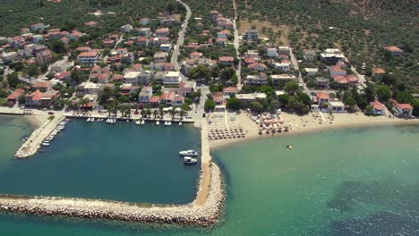 aerial cable cam shot of skala sotiros resort on thassos island, greece