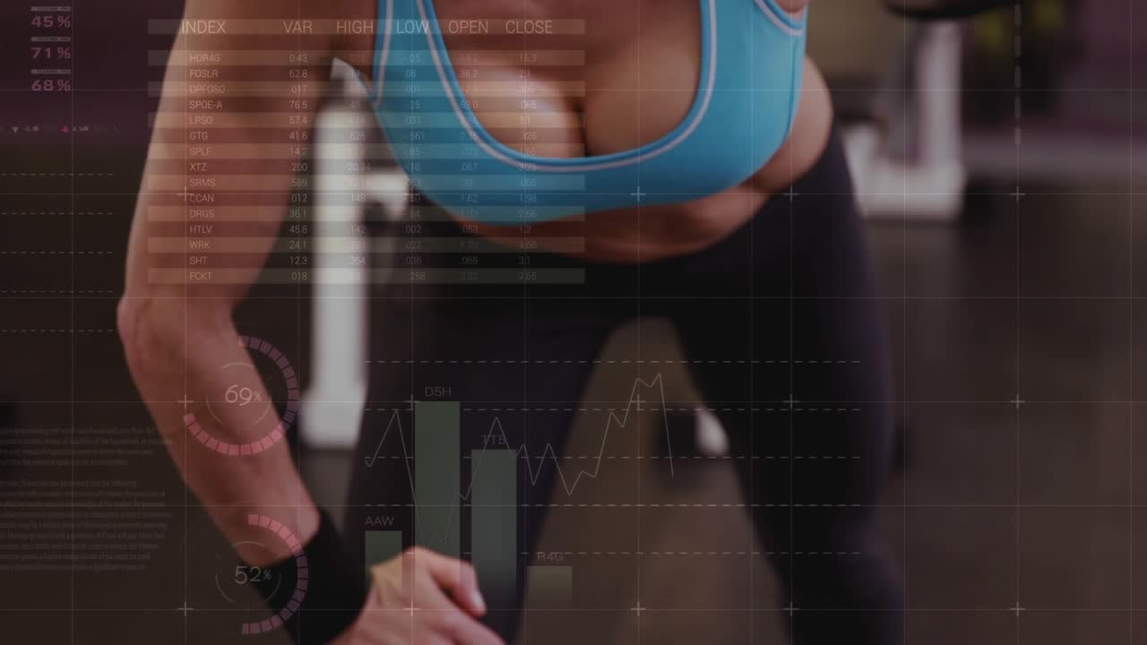 Mid-adult woman bracing on bench and rowing dumbbell, HUD charts tracking reps and fitness metrics