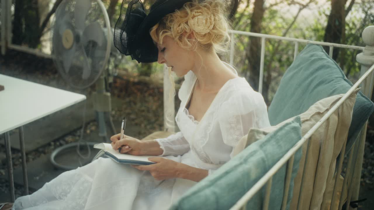 Donna elegante in abito vintage che scrive in un quaderno all'aperto