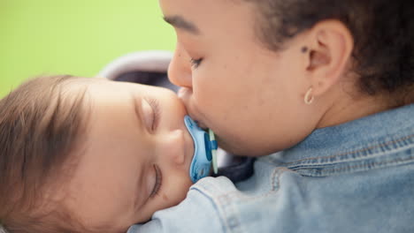 baby, sleeping and mother with kiss