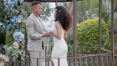 Wedding,-first-dance-and-happy-couple-in-garden